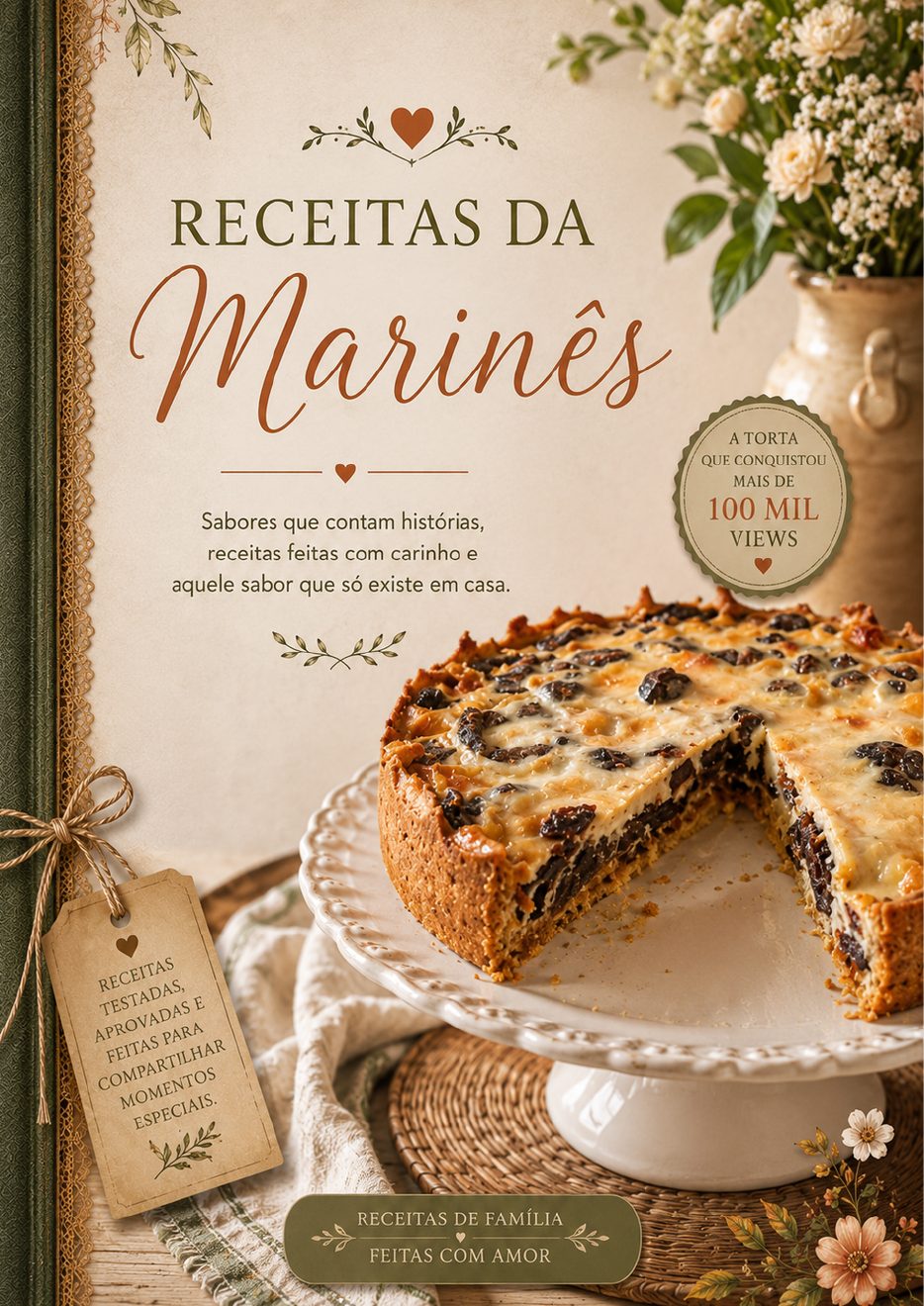 Capa do livro Receitas da Marinês, com uma torta de ameixa sobre a mesa